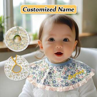 1pc Customized Embroidered Name & Floral Pattern Bib, 360° Rotatable Adjustable Snap Closure Baby Drool Bib, Soft Breathable Absorbent, Personalized Newborn Gift, Christmas, Halloween, New Year Gift