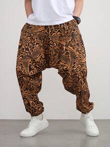 1 件男士宽松休闲哈伦裤，带有叶子元素印花，适合日常和度假，秋季 - 黃色 - 查看 7