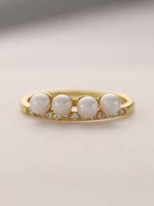 Flyleaf 1 Piece Exquisite 925 Sterling Silver 18k Gold Color 4 Single Rows Sea Shell Faux Pearl Open Ring For Women Female Daily Wear Fine Jewelry - Gold - View 1