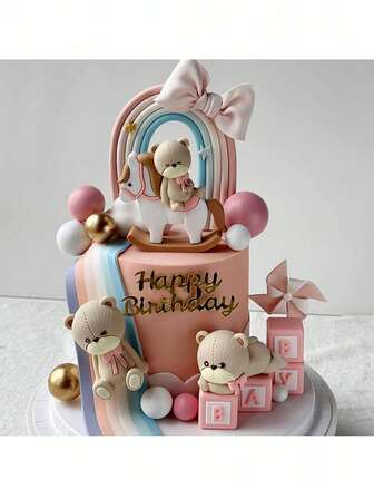 1 件卡通熊主题蛋糕装饰、可爱熊蛋糕装饰、彩色条纹彩虹蛋糕装饰、生日快乐亚克力蛋糕装饰、洗礼性别揭晓派对蛋糕装饰用品、粉蓝色熊娃娃挂饰、婚礼蛋糕装饰、一岁生日蛋糕装饰，可重复使用