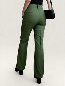 Women's Tailored Flare Pants With Fake Pockets At The Back - Army Green - View 4