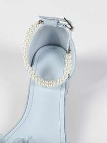 Giày sandal cưới nữ màu xanh dương đế vuông thấp 3cm, kiểu dáng xuân/hè, quai ngọc trai giả Pháp với họa tiết hoa trang nhã, thời trang, đa năng và thoải mái. - Màu xanh lam - Xem 8