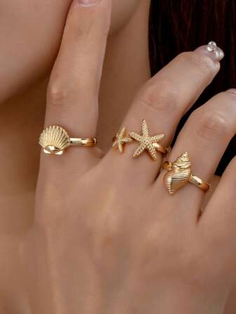Set de 3 anillos con elemento marino exagerado, textura metálica, conchas y estrellas de mar, accesorio de moda para vacaciones en la playa