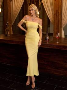 PARTHEA 露肩鱼尾荷叶边修身连衣裙，夏季优雅派对装 - 黃色 - 查看 8