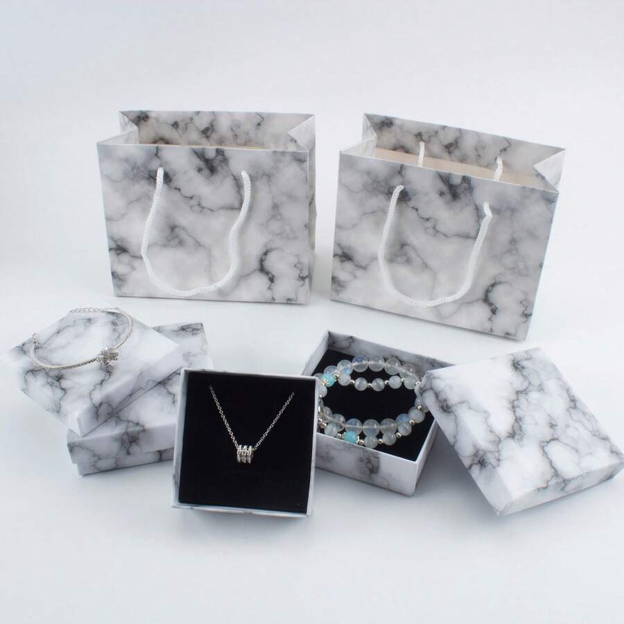 12 Pcs Marble Pattern Paper Jewelry Boxes And Paper Bag, Suitable For Rings Necklaces Earrings Pendants Jewelry Storage, For Wedding, Birthday Surprise Gift Packaging - Marble - View 1