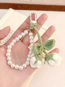 1PC清新优雅手工编织羊毛钩针编织铃兰铃兰女孩背包小吊坠铃兰仿珍珠串钥匙扣包饰汽车配件包饰