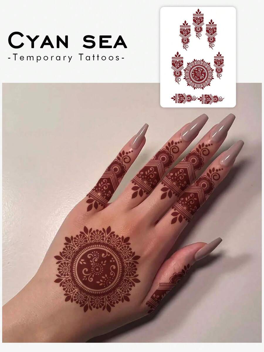 1-2pcs Tattoo Stickers, Free Gift Flower Henna Temporary Tattoo Stickers, Waterproof, Sweat-Proof PVC One-Time Use Realistic Tattoo Stickers, Suitable For Fashion Enthusiasts Daily Use - Red - View 1