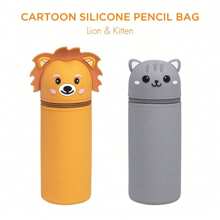 Astuccio per matite carino con stampa di leone/gattino, portapenne in silicone lavabile multifunzione, tazza di storage, articolo essenziale per il ritorno a scuola