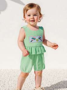 Baby Girls Striped Jumpsuit Sleeveless Crew Neck Pickleball Embroidered Tank Rompers - Green - View 5