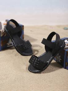 Sandalias de moda para niños, nuevas para el verano, con diseño de decoración trenzada, puntera redonda, antideslizantes, elegantes y de suela plana para la playa - Negro - Ver 2