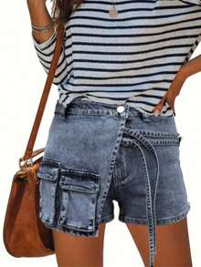 女式弹力优质工作服拉链多口袋牛仔短裤，夏季 - 深色水洗藍 - 查看 1