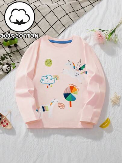 Little Bitty Young Girl Long Sleeve T-Shirt, Cartoon Unicorn Print, Fashionable For Autumn/Winter