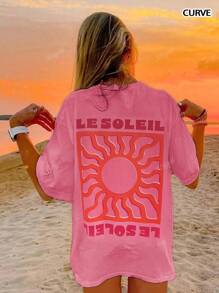 Plus Size Women's Plus Size Spring And Summer Fashion Casual Boho Vacation Simple Commuting English Letters Sun Print Round Neck Pullover T-Shirt Brunch Outfits For Women
