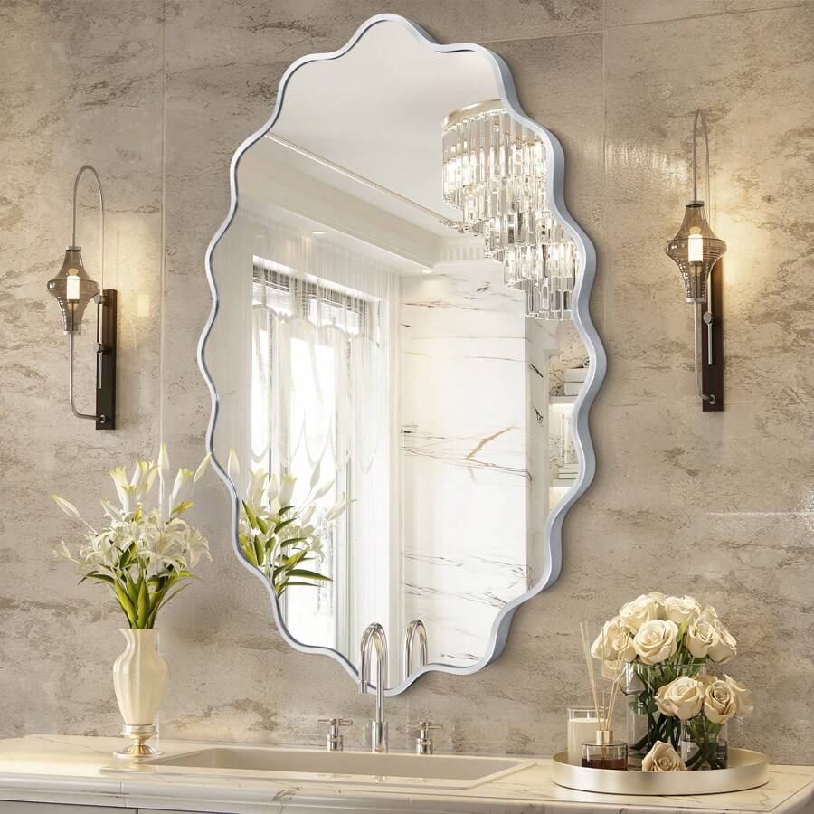 Oval Wavy Mirror - Irregular Wall Mirror Wavy Wall Mirror Decorative Wall-Mounted Asymmetrical Nautical Aluminum Alloy Frame Tempered Glass Modern Mirror Used For Wall Decoration, Living Room Entrance, Bedroom, Bathroom, Corridor