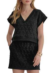 Fisoew Women's Argyle 2 Piece Outfit - Short Sleeve V Neck Top & Mini Skirt Set, Y2K Preppy Casual Lounge Set | Matching Sets Coords Outfits - 黑色 - 查看 1