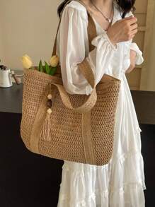 Nowa modna damska torba typu tote, jednolity kolor, prosta słoma tkana, duża pojemność, trwała, lekka, w stylu boho, odpowiednia na plażę, w podróż, uniwersalna i elegancka