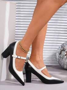 2025 New Black & White Color-Block Chunky Heel Pointed Toe Fashion Versatile Elegant Pumps
