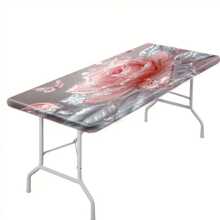 1pc Pink Crystal Rose Tablecloth - Luxury Decorative Rectangular Tablecloth For Wedding, Party, Home Decor, Outdoor Picnic Table Cover With Elastic Corners, Vibrant Color, Polyester Fabric, Mandala Pattern, Picnic Accessory
