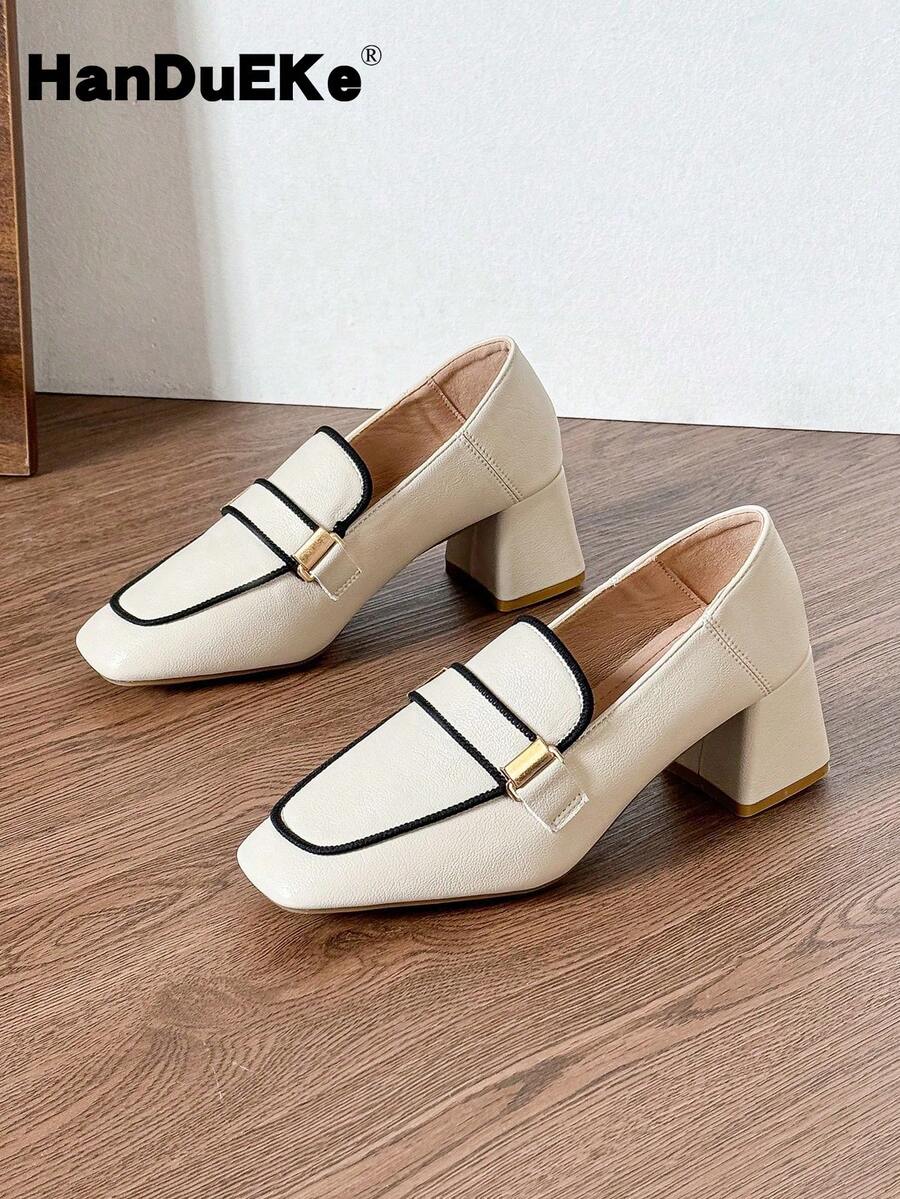 HanDuEke Pantofi de damă cu broderie cu toc înalt, bloc de culoare, 2025, vintage, versatili, cu toc gros, pantofi eleganti, bej