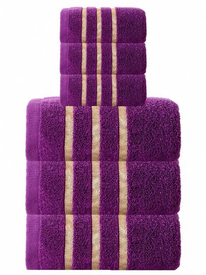 1条紫色薄款浴巾，长方形，70*140厘米，简约提花图案；或1条长方形手巾，33*74厘米；或1条正方形手帕，34*34厘米。柔软、吸水性强、速干，适用于浴室、酒店、旅行、派对、节日礼物、水疗、海滩、户外、运动等场合，男女通用，四季皆宜，也适合美容院、家庭浴室等场所使用。可用作浴巾、毛巾、护肤浴巾。