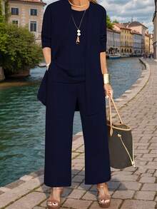 Bộ đồ nữ 3 món màu trơn thường ngày: Áo khoác/áo cardigan + Áo thun cổ tròn không tay + Quần ống đứng cạp chun, chất liệu mềm mại, co giãn, dáng rộng thoải mái, thích hợp cho mùa xuân/thu/đông. - Màu xanh hải quân - Xem 3