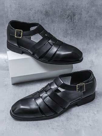 新款复古罗马风格男士凉鞋，镂空系带一脚蹬，舒适透气纯色鞋面，加大码男鞋，品牌品质实惠防滑橡胶厚底，适合中年、青年、学生、聚会、度假、夏季休闲散步，尺码偏大，请选择小一码