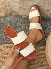 Teenagers/Students New Minimalist Fashion Comfortable Strap Slides Sandals, Lightweight Casual Slippers For Travel Holiday Beach, Beige And Black