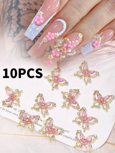 10pcs 3D Butterfly Nail Art Decorations - Mixed Alloy And Acrylic Material, Gold, Silver, Holographic Black/Pink Butterfly Patterns, Suitable For Party, Wedding, Daily Nail Art And More
