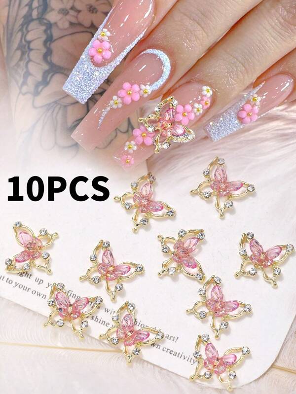 10 pièces Décorations d'ongles de charme en forme de papillon 3D - Mélange d'alliage et acrylique avec or métallique, argent chrome, papillon holographique noir/rose pour la fête, le mariage et la manucure quotidienne. Fournitures pour la décoration d'ongles