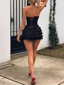 Women Y2K Strapless Short Dress Backless Tube Ruched Ruffle Mini Dress Sleeveless Bodycon Sundress - 黑色 - 查看 3