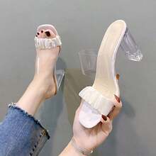 Mujeres sandalias de tacón alto zapatillas de verano cabeza cuadrada una palabra transpirable cristal tacón alto - Albaricoque - Ver 1