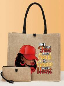 2件/套简约向日葵印花亚麻手提包，简约旅行包，化妆钱包，大容量旅行化妆包，多功能便携手提包，感谢老师亚麻包，女士礼物，便携休闲收纳包，多功能购物袋