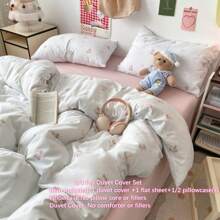 3/4pcs Pink Printed Bedding Set, Cute Rabbit & Bear Print Bedding Set For Girls, Cartoon Animal Soft Pink Bow Pink Heart Polyester Fabric Skin-Friendly Bedding Set (1 Duvet Cover + 1 Bedsheet + 1/2 Pillowcase, Without Filler)