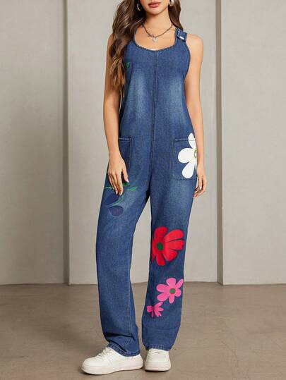 Damen Loose Lässig Jeans Latzhose mit Muster, Mehrtaschig, Blaue Arbeitsjeans, Modische Streetwear Cowgirl-Outfit 2025