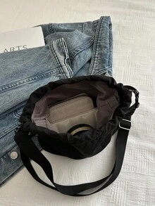 Sac seau minimaliste et léger à cordon de serrage, sac bandoulière en nylon de couleur unie, convient pour les courses, le portefeuille, les courses, les jeunes femmes - Noir - Voir 5