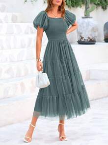 Women's Pleated Mid-Length Tulle Dress Summer Puffy Short Sleeve Square Collar Ruffled Wedding Guest Party Dress - Xám Xanh Lá Cây - Xem 1