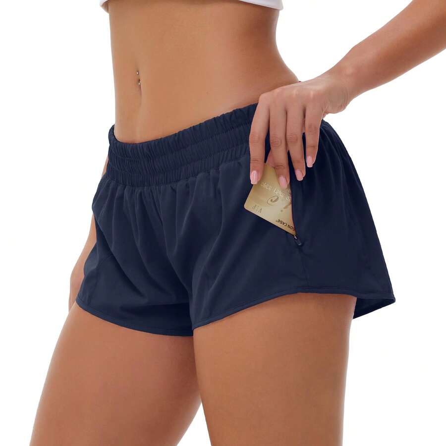 Women's Low-Rise Workout Shorts - Lightweight Quick-Dry Athletic Shorts With Zip Pocket, Built-In Liner For Running, Yoga, Gym - 藏蓝色 - 查看 1