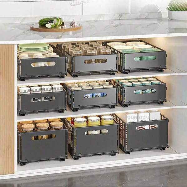 New No-Drill Folding Kitchen Storage Rack Drawer Style Cabinet Organizing Rack Sliding Drawer Storage Tray Seasoning Bottle Spice Storage Rack Kitchen Multifunctional Storage Rack