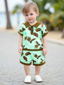 Baby Boys Shorts Set, Boots Hat Print Short Sleeve Shirt With Elastic Waist Shorts Summer Outfit - Green - View 4