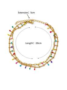波西米亚风彩色流苏不锈钢沙滩脚链，18K 镀金防褪色防水双层链脚链，海滩度假珠宝配饰，送给母亲/挚友的完美礼物 - 不銹鋼 - 查看 15