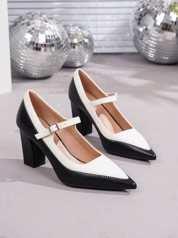 2025 New Black & White Color-Block Chunky Heel Pointed Toe Fashion Versatile Elegant Pumps