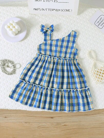 Baby Girls' Cute Floral Plaid Pattern Bow Decor Sleeveless Dress, Casual For Summer Picnic & Vacation