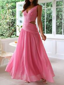 Romantic V-Neck Sleeveless Solid Color Patchwork Large Hem Long Dress, Perfect For Date Nights And Party Dresses - Hot Pink - View 8