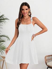 Vestido Corto Con Tirantes Finos Para Mujer,Vestido Sin Espalda Con Estampado De Lunares, Uso Casual Diario, Vacaciones, Fiestas - Blanco - Ver 1