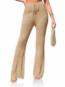 FISOEW Womens Beach Cover Up Pants Boho Crochet Knit High Waist Drawstring Sheer Hollow Swim Pant Swimwear - Khaki - View 3