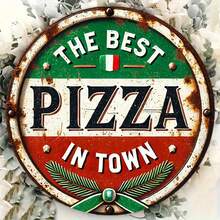 1 件复古意大利披萨标志金属圆形牌匾标牌，8x8 英寸，铁艺墙饰，耐用室内/室外标牌，适用于家庭、餐厅、酒吧、咖啡厅、车库装饰，孔位置随机