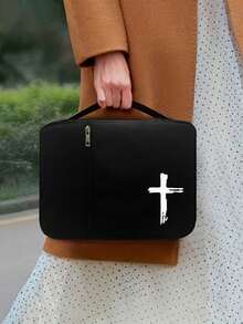 1pc Minimalist Cross Print Bible Bag, 1pc Stainless Steel Cross Bookmark With Chain, Zipper Pocket Handbag, Black Minimalist Cross Print Bible Storage Bag - Black - View 5