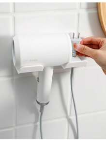 1pc Wall-Mounted Hair Dryer Holder With Plug Hook, Bathroom Storage Rack, Easy To Use Styling Tool Organizer, No Drill Required Bathroom Organizer Bathroom Decor Summer