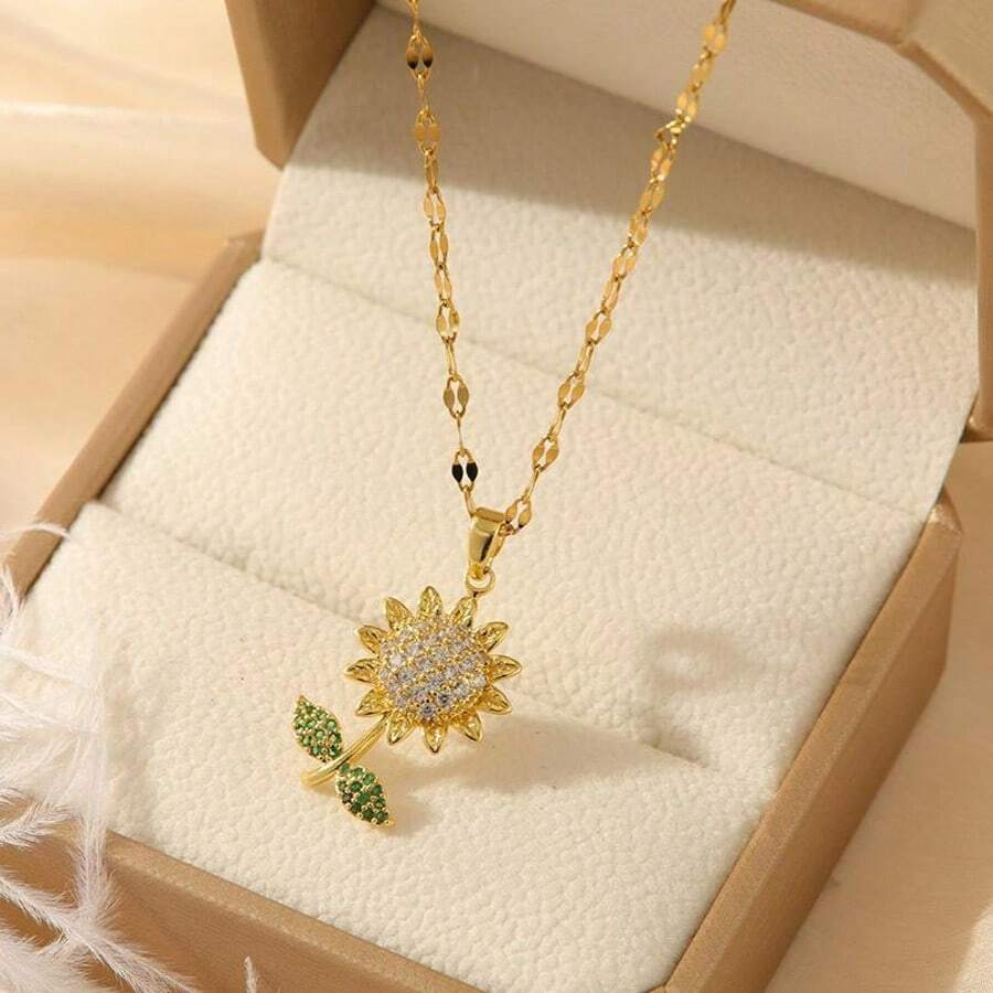 1pc Stylish And Elegant Stainless Steel Sunflower Pendant Necklace For Women, Suitable For Dating, Holiday, Gifts, Daily Wear, No Gift Box - Yellow Gold - View 1