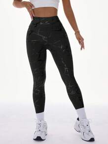 Figurbetonte Leggings mit hoher Taille und Hüftanhebung, künstlerischer Foliendruck für Fitness & Streetwear, Taillenformung & Po-Anhebung | Modische, metallische Leggings, die man überall tragen kann, anatomisch gestaltete Po-Anhebung, metallische Folien-Verarbeitung, hohe Taille mit Kompression, jugendlich, nahtloser Übergang vom Studio zur Straße, Damen-Metallic-Yogahosen